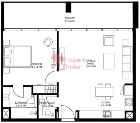 Floor plan, 1 Bed, 967 sq ft