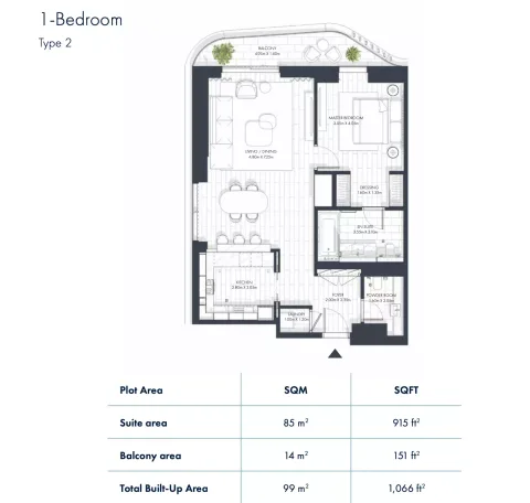 Floor plan, 1 Bed, 1,066 sq ft