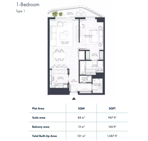 Floor plan, 1 Bed, 1,087 sq ft