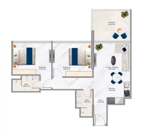Floor plan, 2 Beds, 800 sq ft