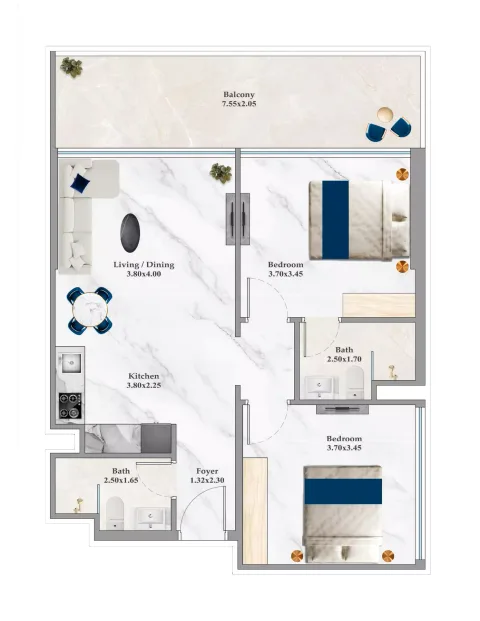 Floor plan, 2 Beds, 818 sq ft