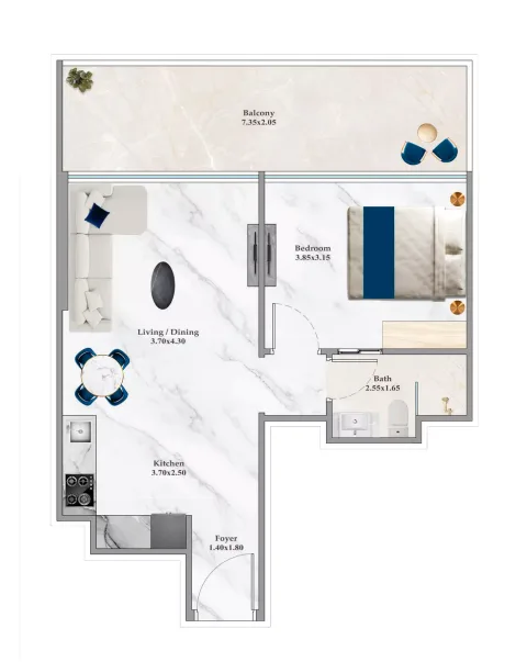 Floor plan, 1 Bed, 626 sq ft