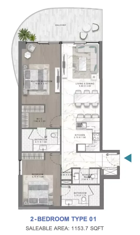Floor plan, 2 Beds, 1,153 sq ft