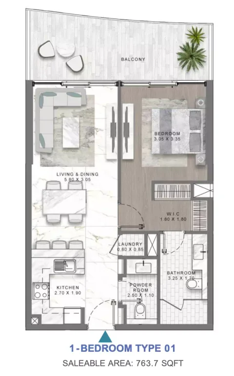 Floor plan, 1 Bed, 763 sq ft