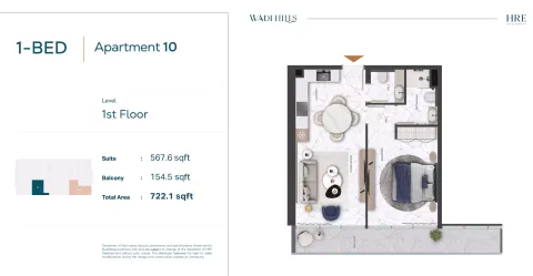 Floor plan, 1 Bed, 722 sq ft