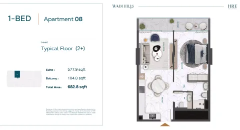 Floor plan, 1 Bed, 682 sq ft