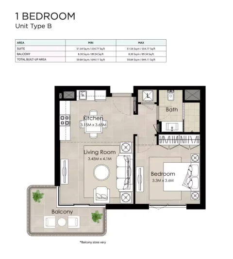 Floor plan, 1 Bed, 644 sq ft
