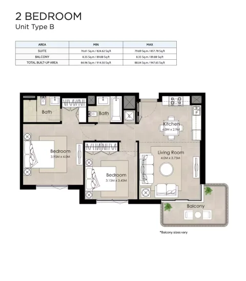 Floor plan, 2 Beds, 914 sq ft