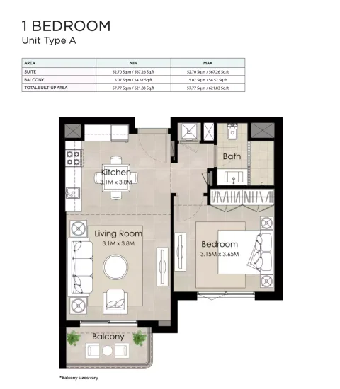 Floor plan, 1 Bed, 621 sq ft