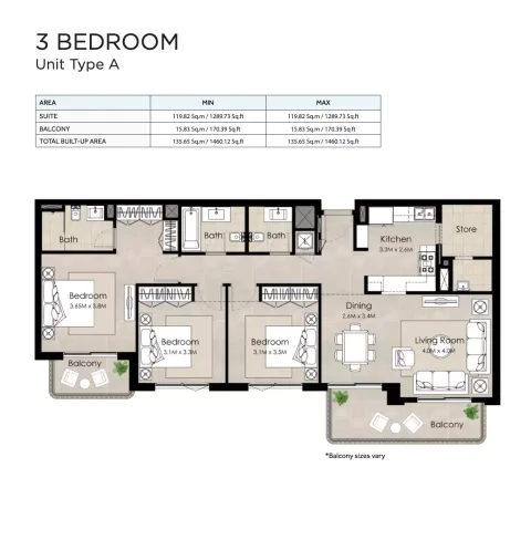 Floor plan, 3 Beds, 1,460 sq ft