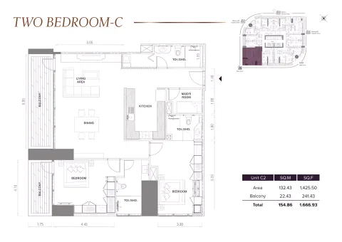 Floor plan, 2 Beds, 1,666 sq ft