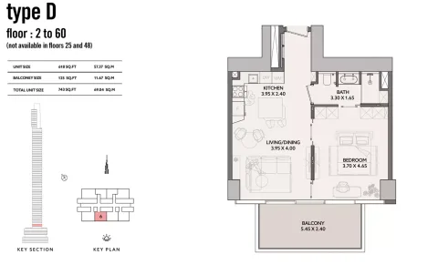 Floor plan, 1 Bed, 743 sq ft