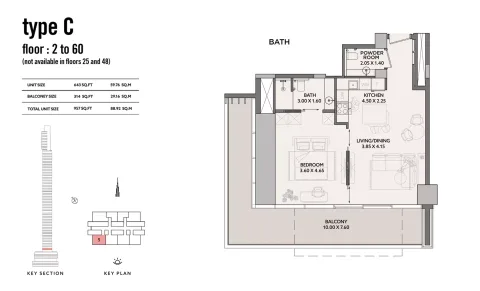 Floor plan, 1 Bed, 957 sq ft