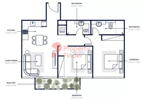 Floor plan, 2 Beds, 881 sq ft