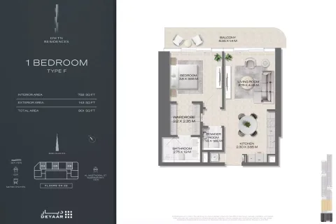 Floor plan, 1 Bed, 901 sq ft