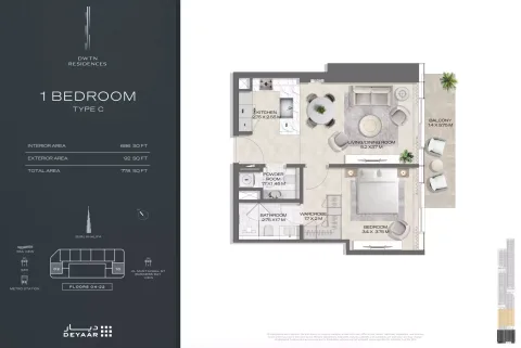 Floor plan, 1 Bed, 778 sq ft