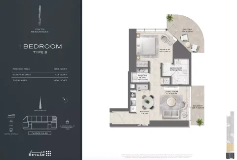 Floor plan, 1 Bed, 836 sq ft