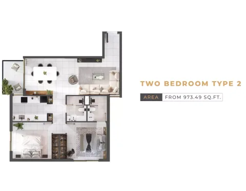 Floor plan, 2 Beds, 973 sq ft