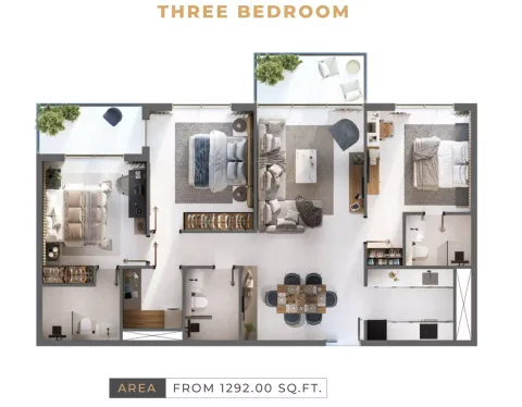 Floor plan, 3 Beds, 1,292 sq ft