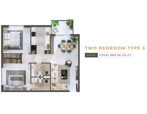 Floor plan, 2 Beds, 889 sq ft