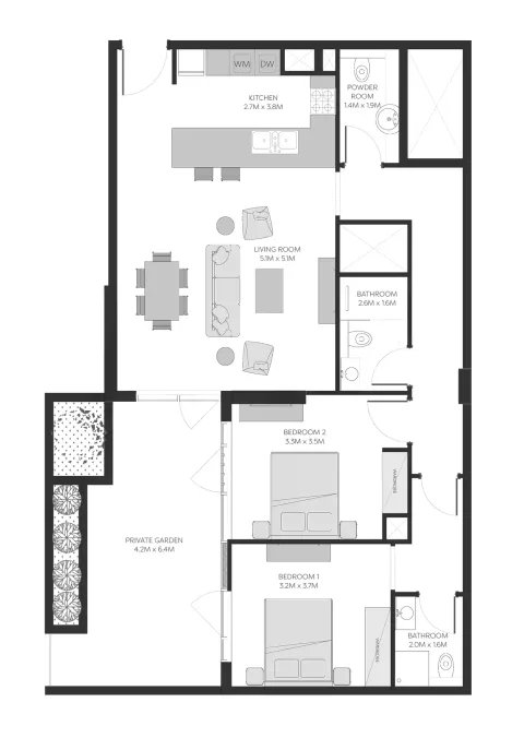 Floor plan, 2 Beds, 1,196 sq ft