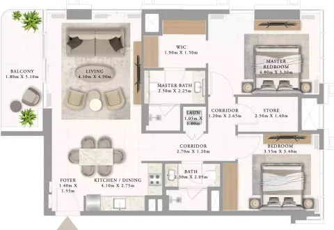Floor plan, 2 Beds, 1,157 sq ft