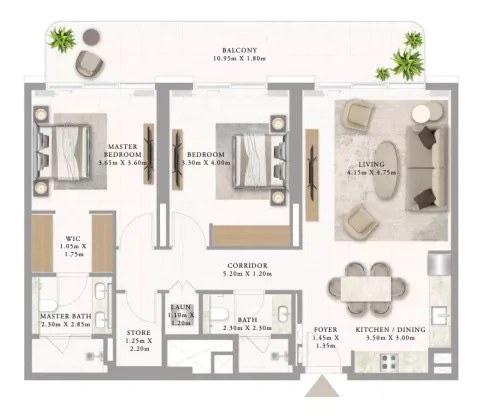 Floor plan, 2 Beds, 1,291 sq ft