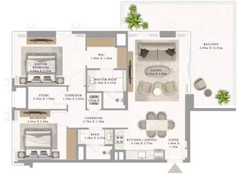 Floor plan, 2 Beds, 1,425 sq ft