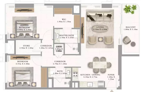 Floor plan, 2 Beds, 1,160 sq ft