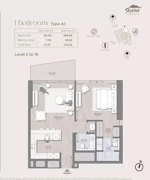 Floor plan, 1 Bed, 772 sq ft