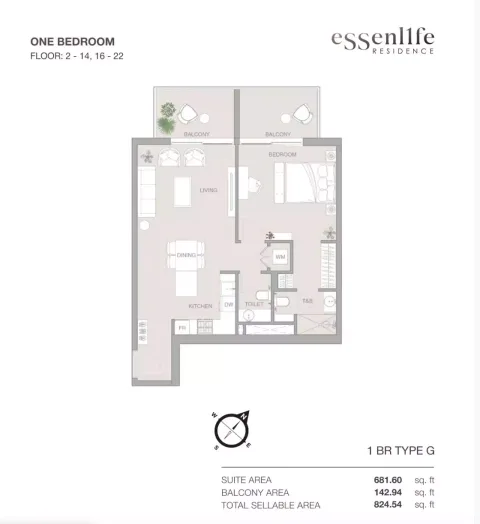 Floor plan, 1 Bed, 824 sq ft