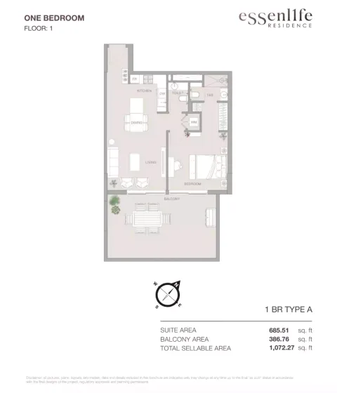 Floor plan, 1 Bed, 1,072 sq ft