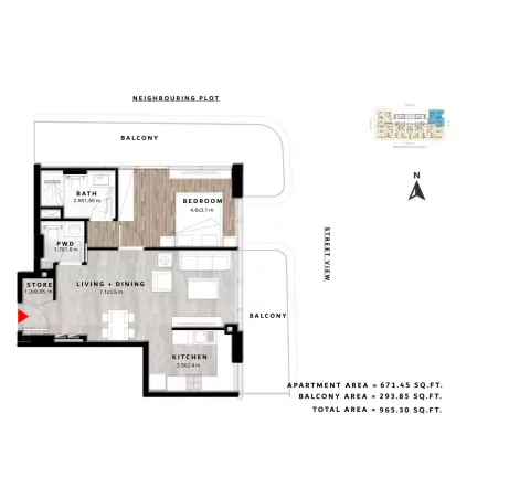 Floor plan, 1 Bed, 965 sq ft