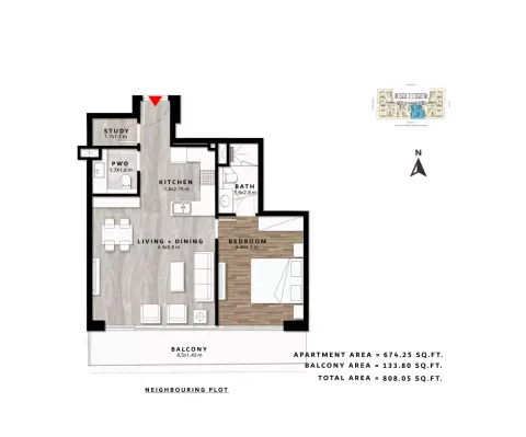 Floor plan, 1 Bed, 808 sq ft