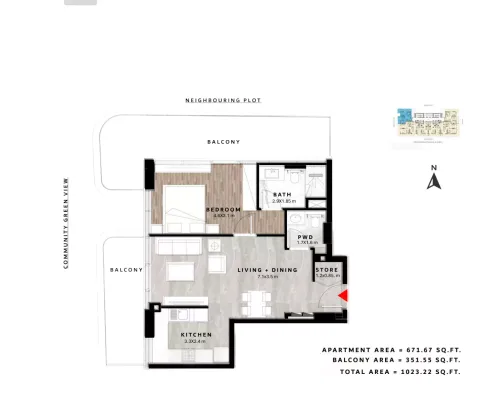Floor plan, 1 Bed, 1,023 sq ft