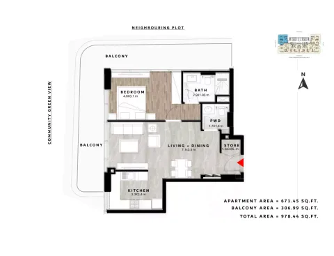 Floor plan, 1 Bed, 978 sq ft