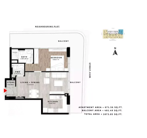 Floor plan, 1 Bed, 1,073 sq ft
