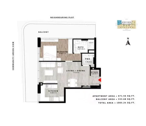 Floor plan, 1 Bed, 1,005 sq ft