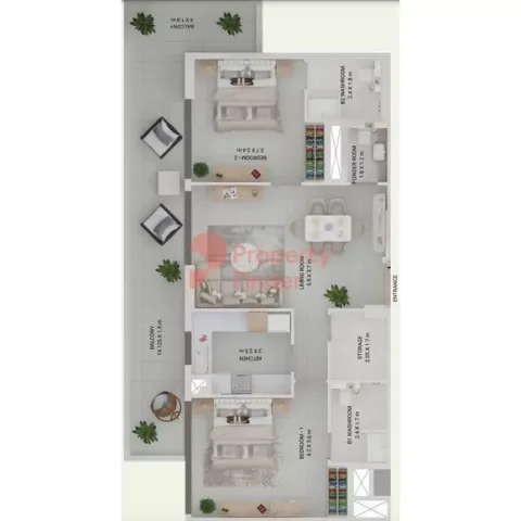 Floor plan, 2 Beds, 1,195 sq ft