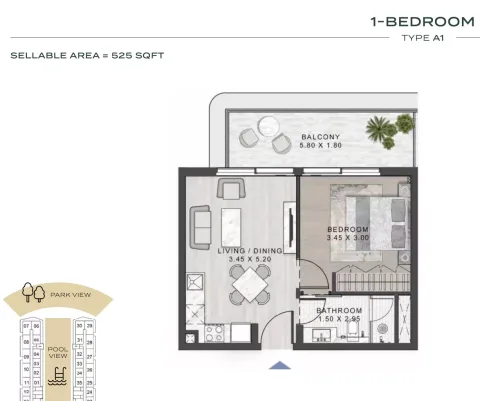 Floor plan, 1 Bed, 525 sq ft