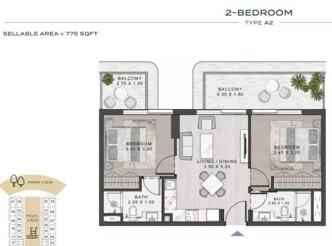Floor plan, 2 Beds, 775 sq ft