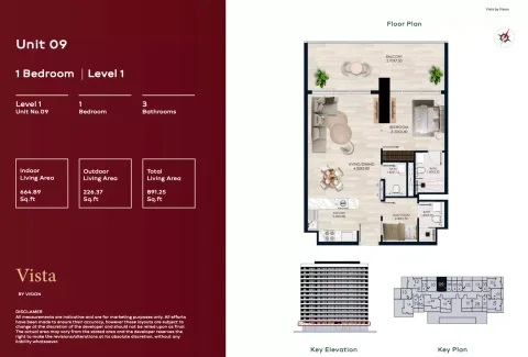 Floor plan, 1 Bed, 891 sq ft