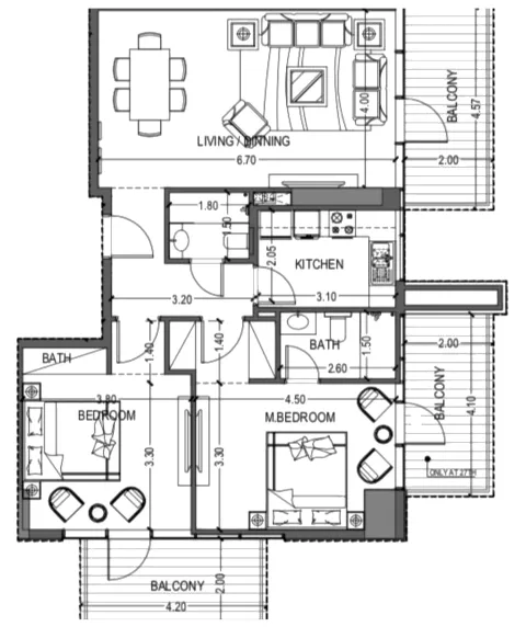Floor plan, 2 Beds, 1,217 sq ft