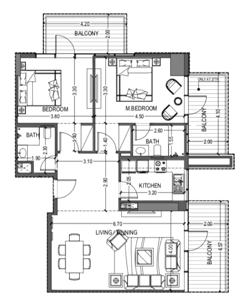 Floor plan, 2 Beds, 1,245 sq ft