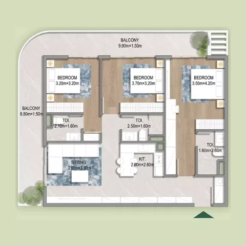 Floor plan, 3 Beds, 1,332 sq ft