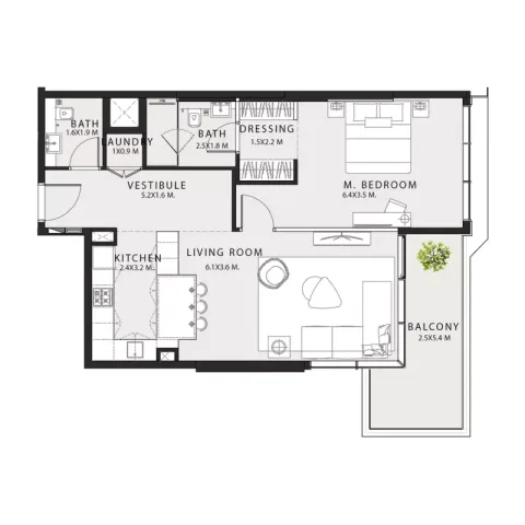 Floor plan, 1 Bed, 1,076 sq ft