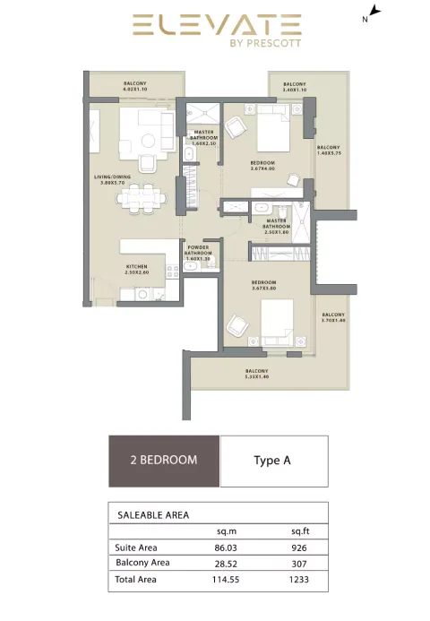 Floor plan, 2 Beds, 1,233 sq ft