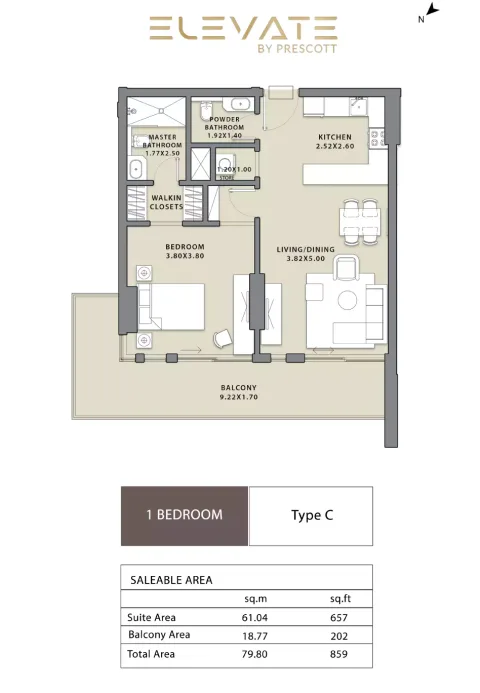 Floor plan, 1 Bed, 859 sq ft