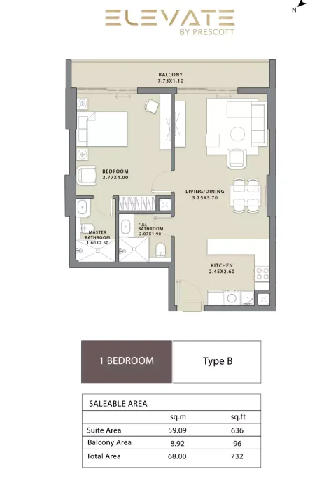 Floor plan, 1 Bed, 732 sq ft
