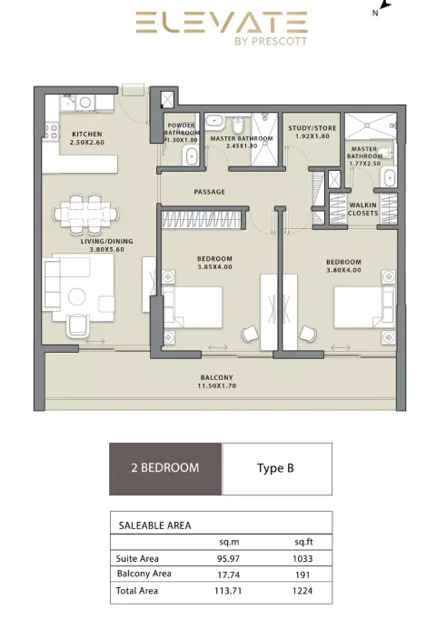 Floor plan, 2 Beds, 1,224 sq ft